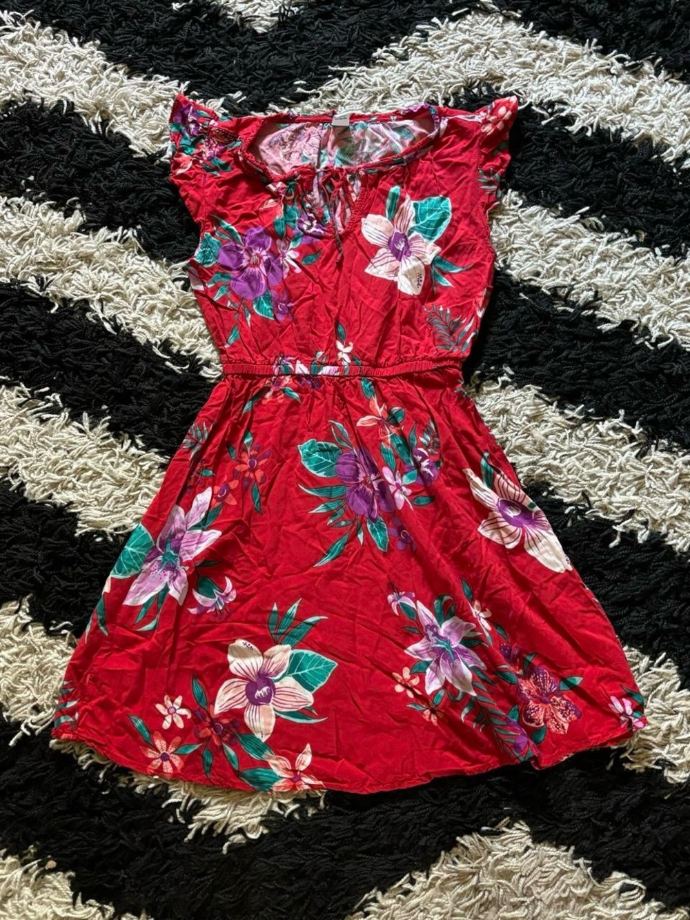 Old Navy Bright Red Multicolor Floral Ruffled Cap Sleeve Mini Dress Petite XS